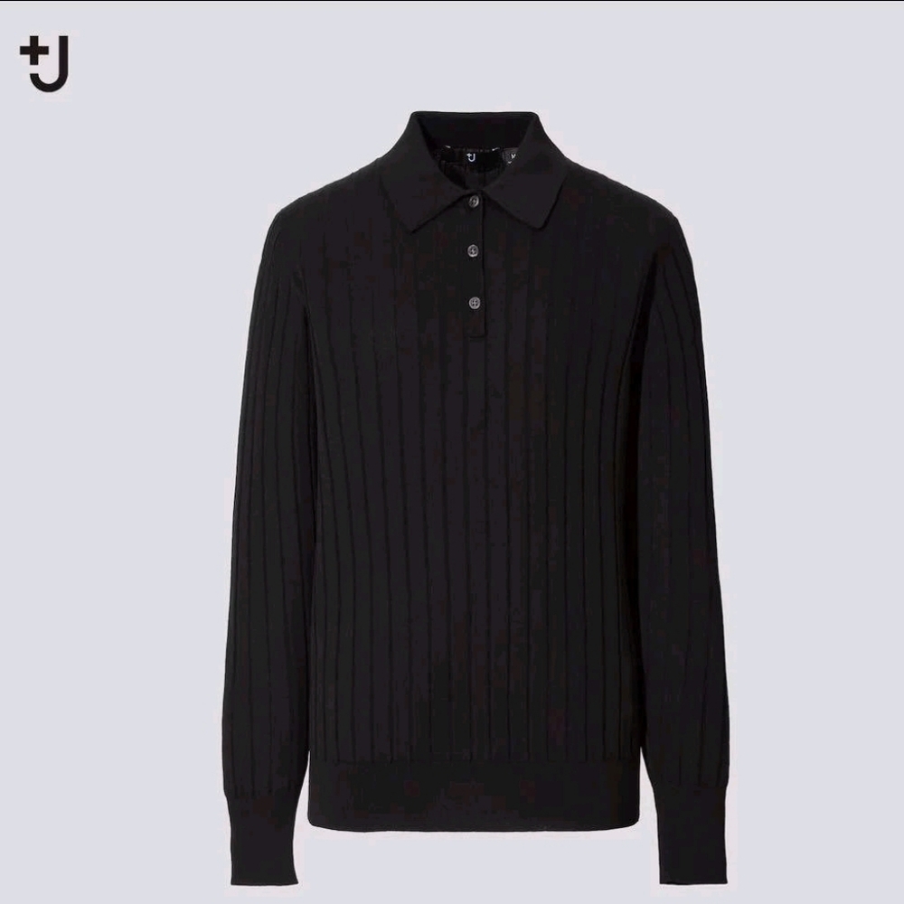 Uniqlo +J Black Silk Blend Ribbed Long Sleeve Polo Sweater